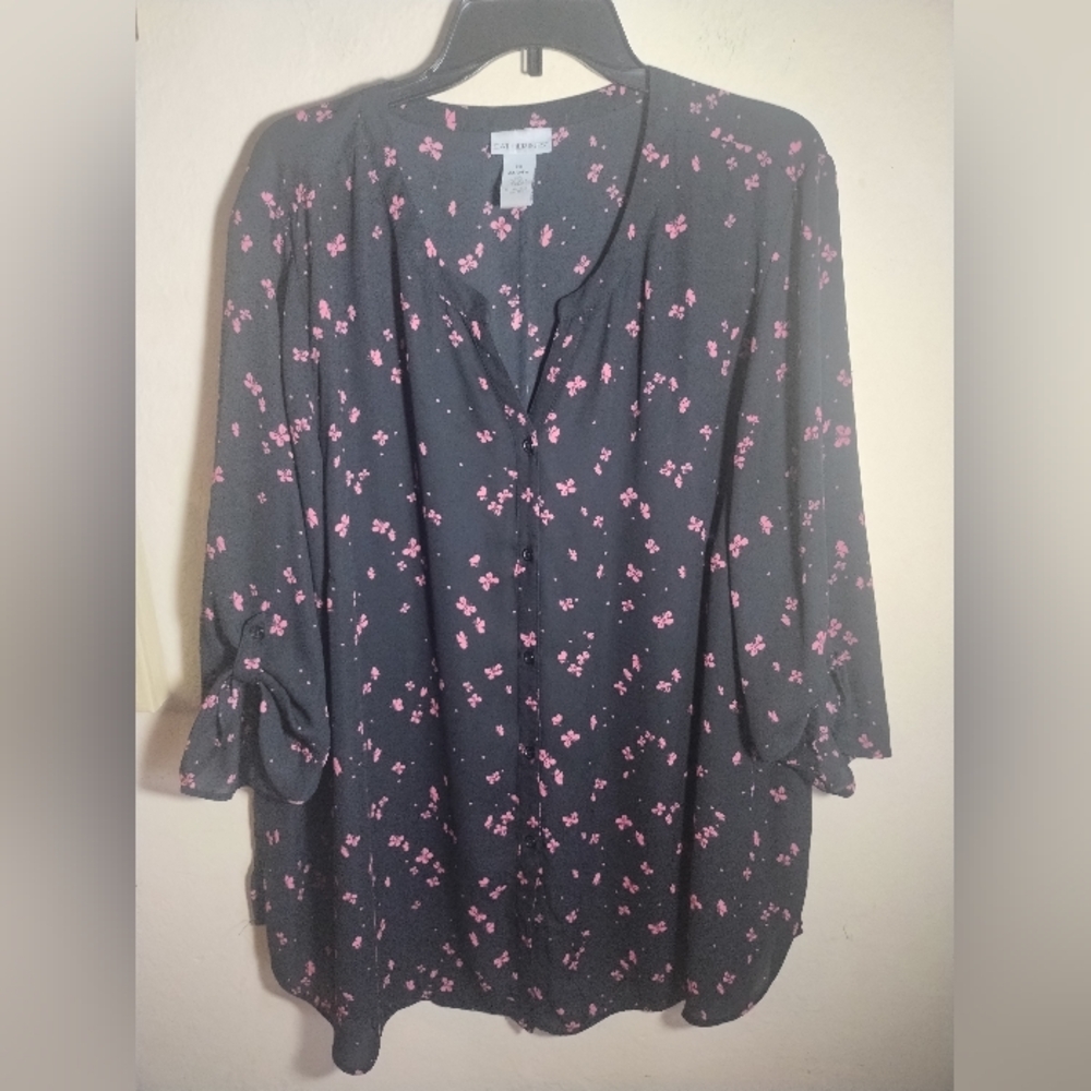 Catherines Top Black pink Button Down Butterfly Work Shirt Whimsigoth